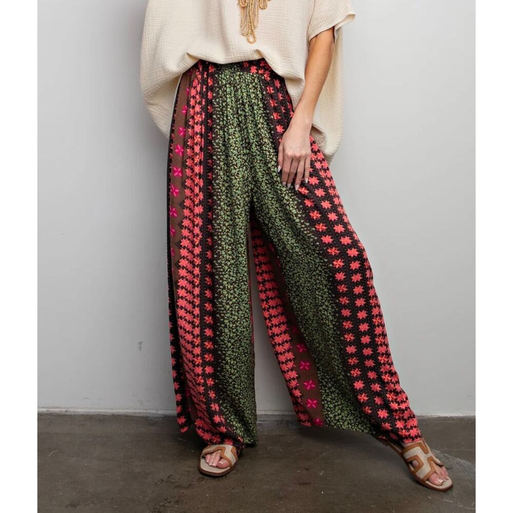 Talulah Floral Wide Leg Pants Elastic Waist Boho Resort Summer L festival